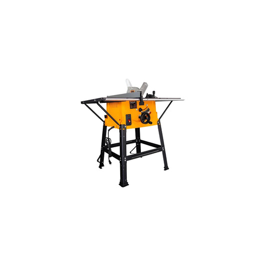 Sierra de mesa eléctrica Kong, amarilla y negra, 10 pulgadas, 800W, con soporte y protector de hoja