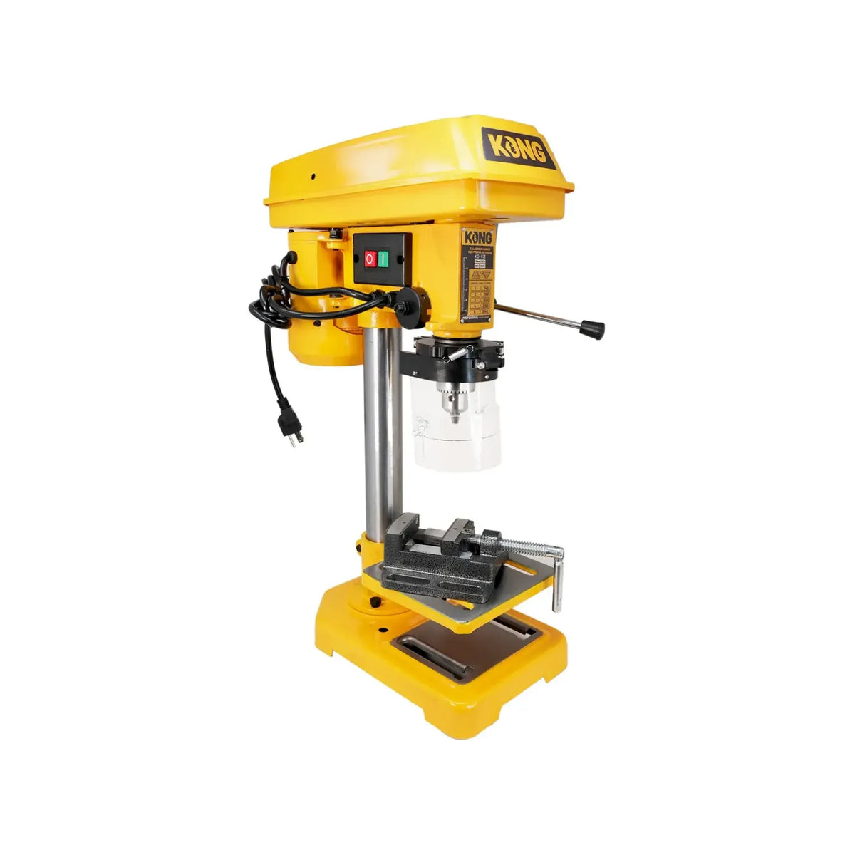 Taladro de banco KONG amarillo con prensa de sujeción y protector para perforación de precisión profesional.