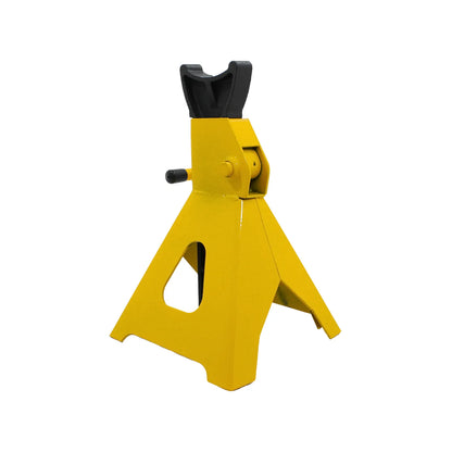 Caballete para auto amarillo con trinquete de seguridad ajustable y base de acero reforzada para taller.