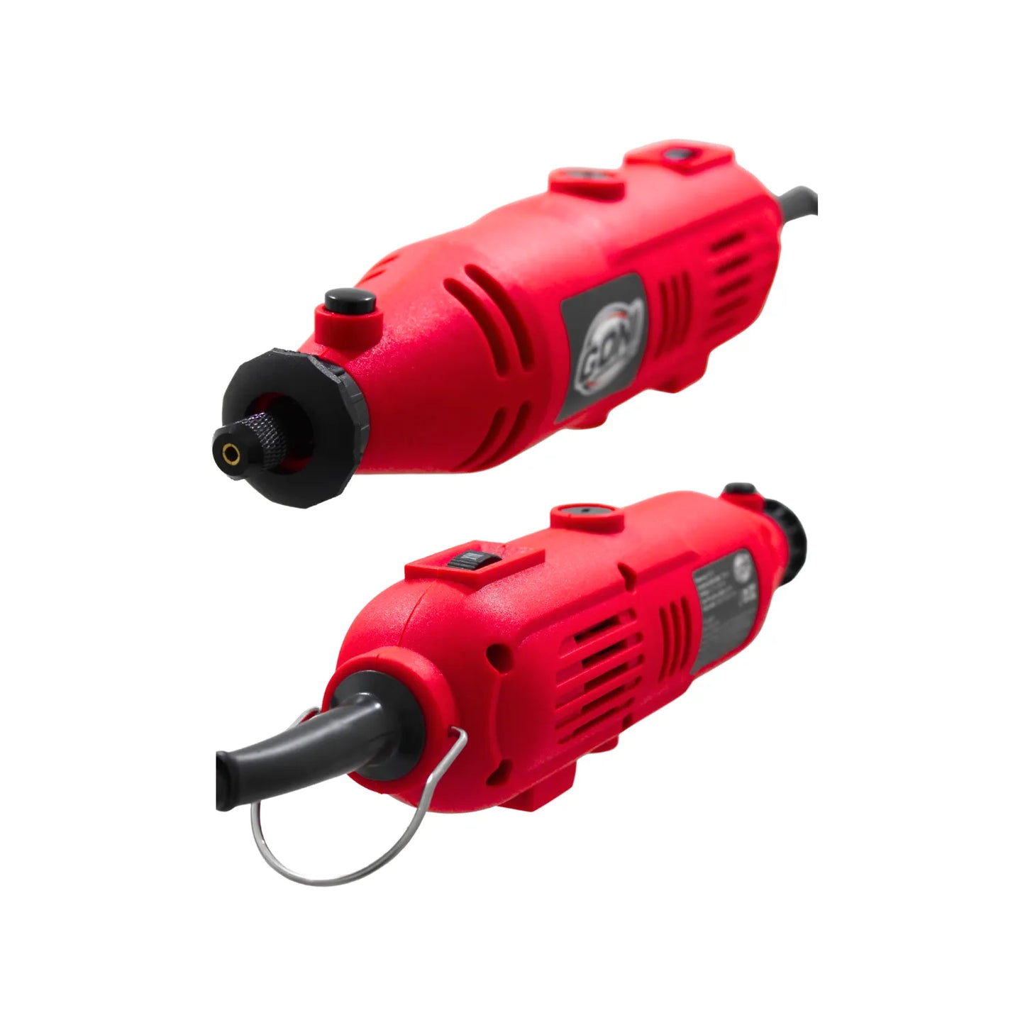 Mini amoladora rotativa eléctrica GON roja para grabado y pulido con regulador de velocidad y gancho para colgar.