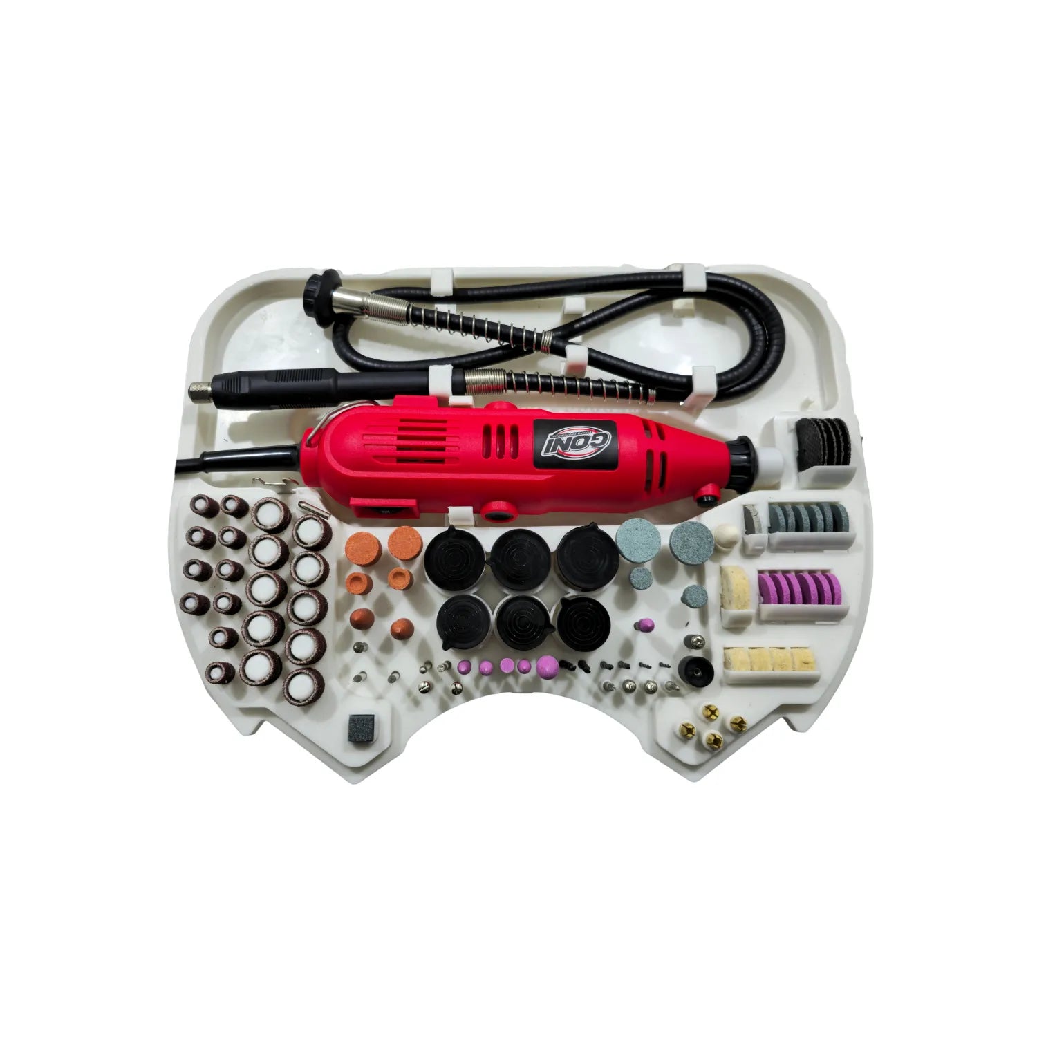 Kit de mototool rotativo GONI color rojo con eje flexible y accesorios para grabado y pulido en estuche organizador