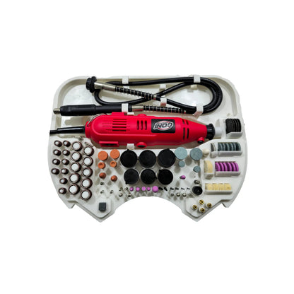 Kit de mototool rotativo GONI color rojo con eje flexible y accesorios para grabado y pulido en estuche organizador