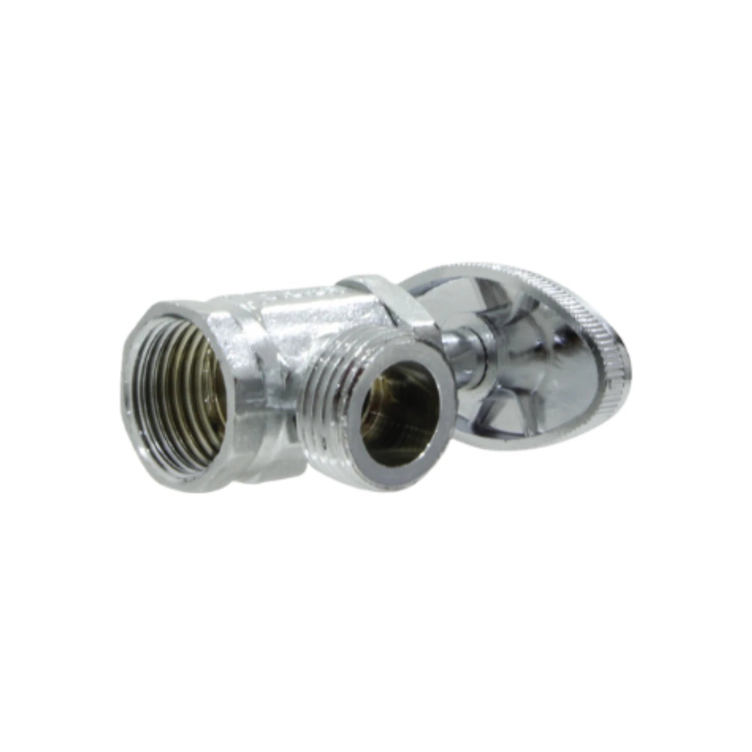 Llave angular de paso cromada para agua, rosca 1/2 pulgada, control de flujo manual en instalaciones de fontanería.