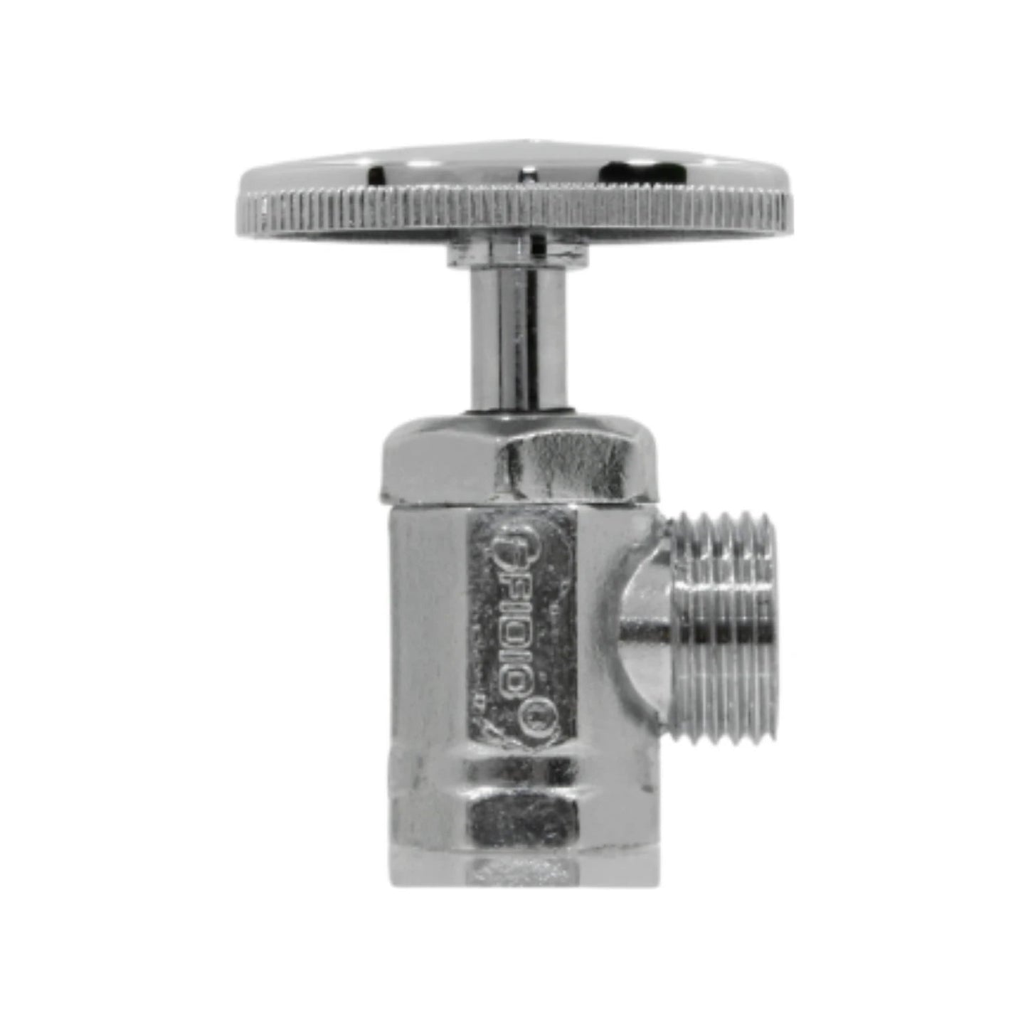 Llave angular de paso cromada FIOIO con rosca y perilla estriada para fontanería.