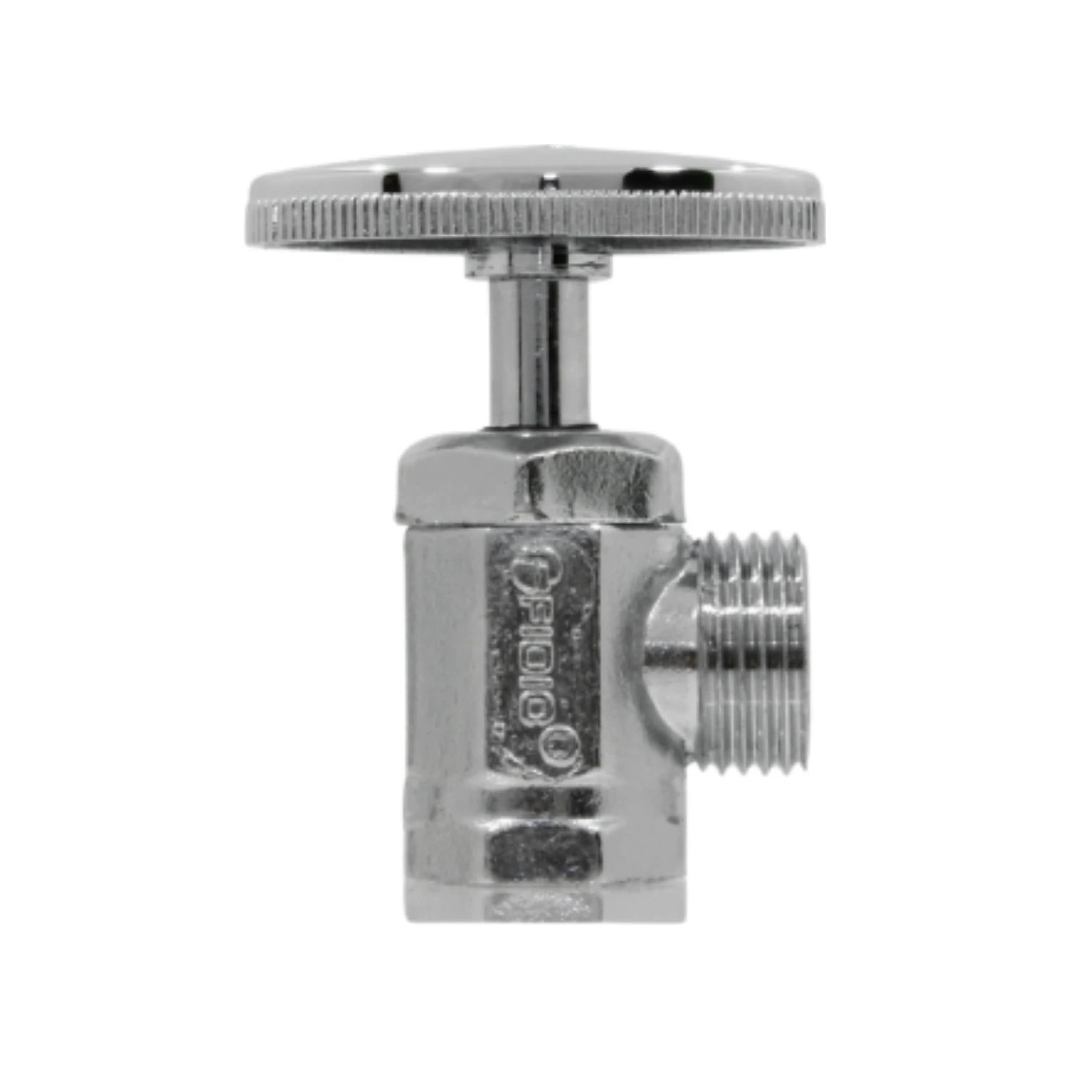Llave angular de paso cromada FIOIO con rosca y perilla estriada para fontanería.