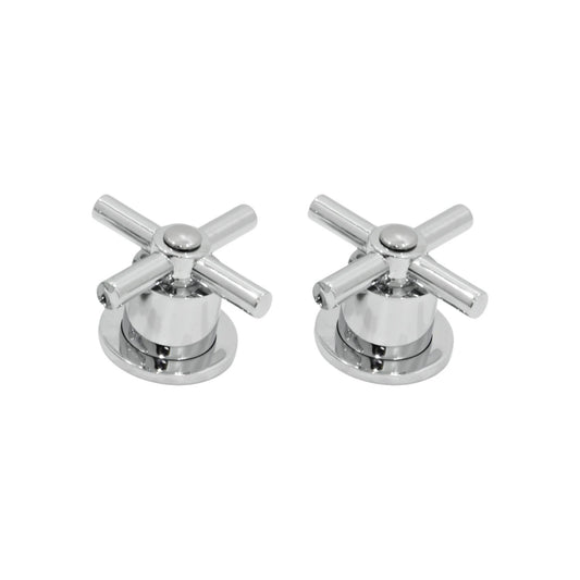 Par de manerales cromados tipo cruz para regadera o grifo de baño, de metal brillante para plomería moderna.