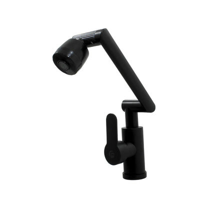 Mezcladora monomando negra para fregadero de cocina con brazo articulado y cabezal pulverizador.