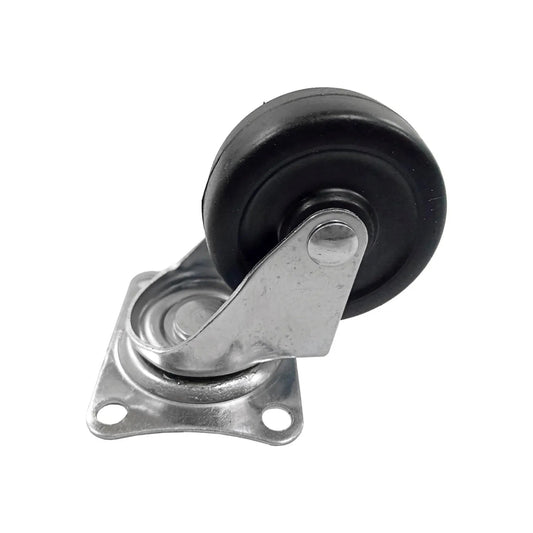 Rodaja giratoria negra de goma con placa de montaje metálica, para muebles y equipos.