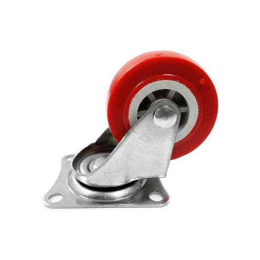 Rodaja giratoria 2 pulgadas roja para muebles y equipos, con placa de montaje metálica.