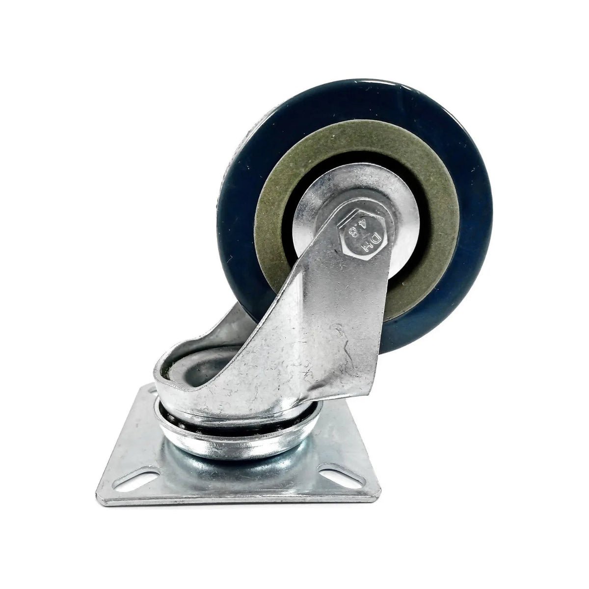 Rodaja giratoria de 3 pulgadas con rueda azul y verde, soporte y base de metal galvanizado para alta resistencia.