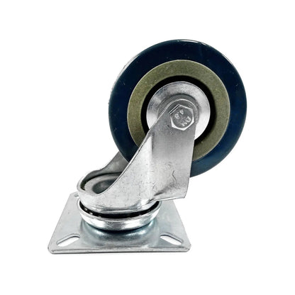 Rodaja giratoria de 3 pulgadas con rueda azul y verde, soporte y base de metal galvanizado para alta resistencia.