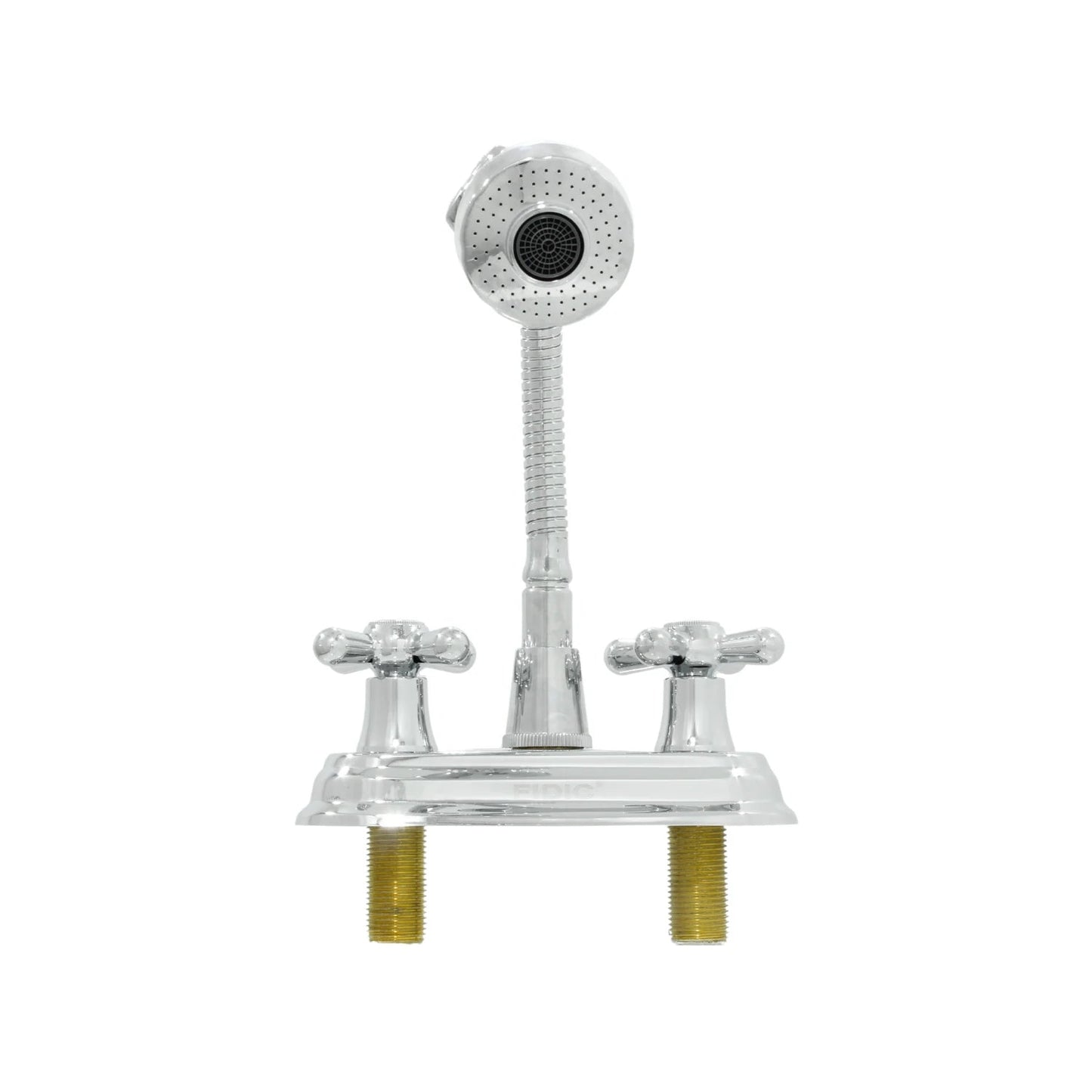 Mezcladora de lavabo FIDIC cromada 4" con dos manerales cruz y rociador de ducha flexible