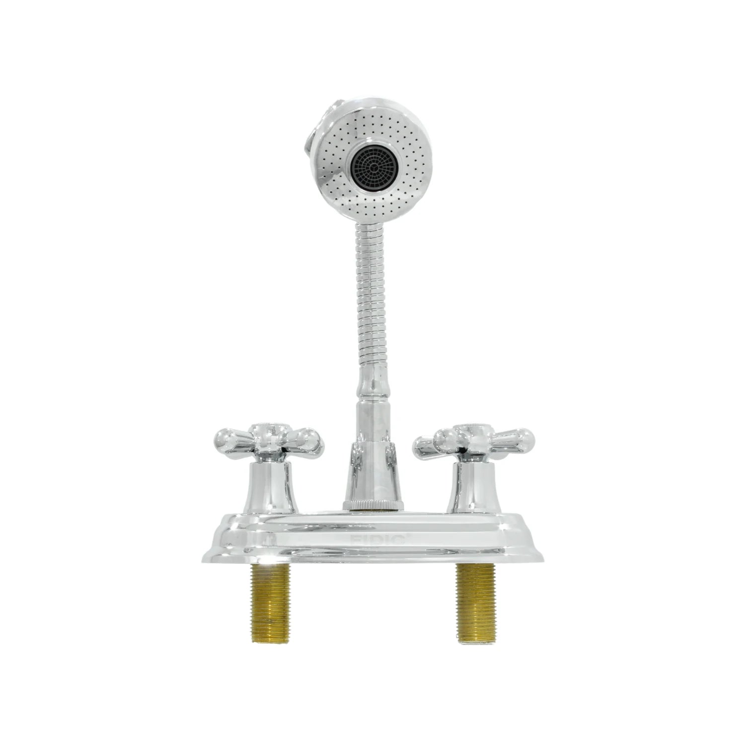 Mezcladora de lavabo FIDIC cromada 4" con dos manerales cruz y rociador de ducha flexible