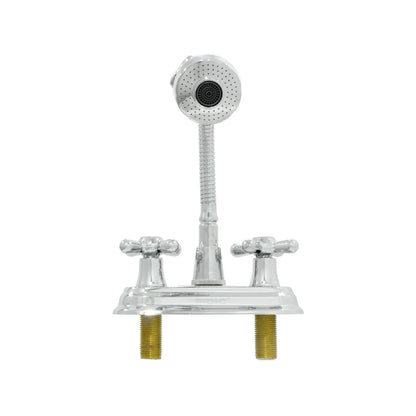 Mezcladora de lavabo FIDIC cromada 4" con dos manerales cruz y rociador de ducha flexible