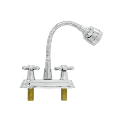 Mezcladora de lavabo Fidic cromada con cuello flexible, rociador y dos manijas cruz, instalación 4 pulgadas.