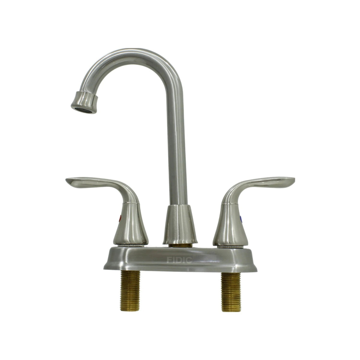 Mezcladora Fidic para lavabo 4 pulgadas doble manija cuello de ganso, acabado níquel cepillado