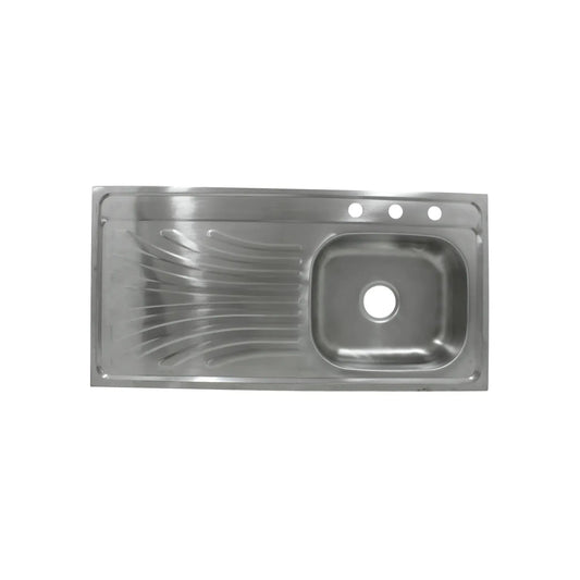 Fregadero de cocina de acero inoxidable con escurridor a la izquierda y 3 perforaciones para grifo
