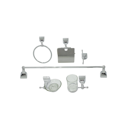 Juego de 6 accesorios para baño cromados: toallero de barra y aro, portarrollos, jabonera, gancho, porta vaso.