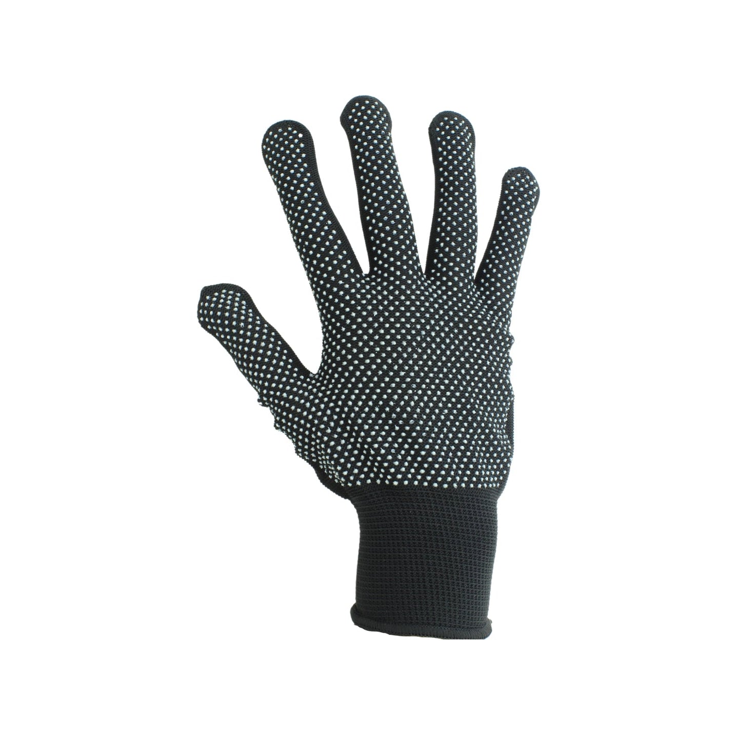 Guante de nylon negro con puntos antiderrapantes blancos. Guante de trabajo protector con puño elástico.