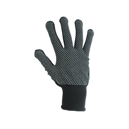 Guante de nylon negro con puntos antiderrapantes blancos. Guante de trabajo protector con puño elástico.