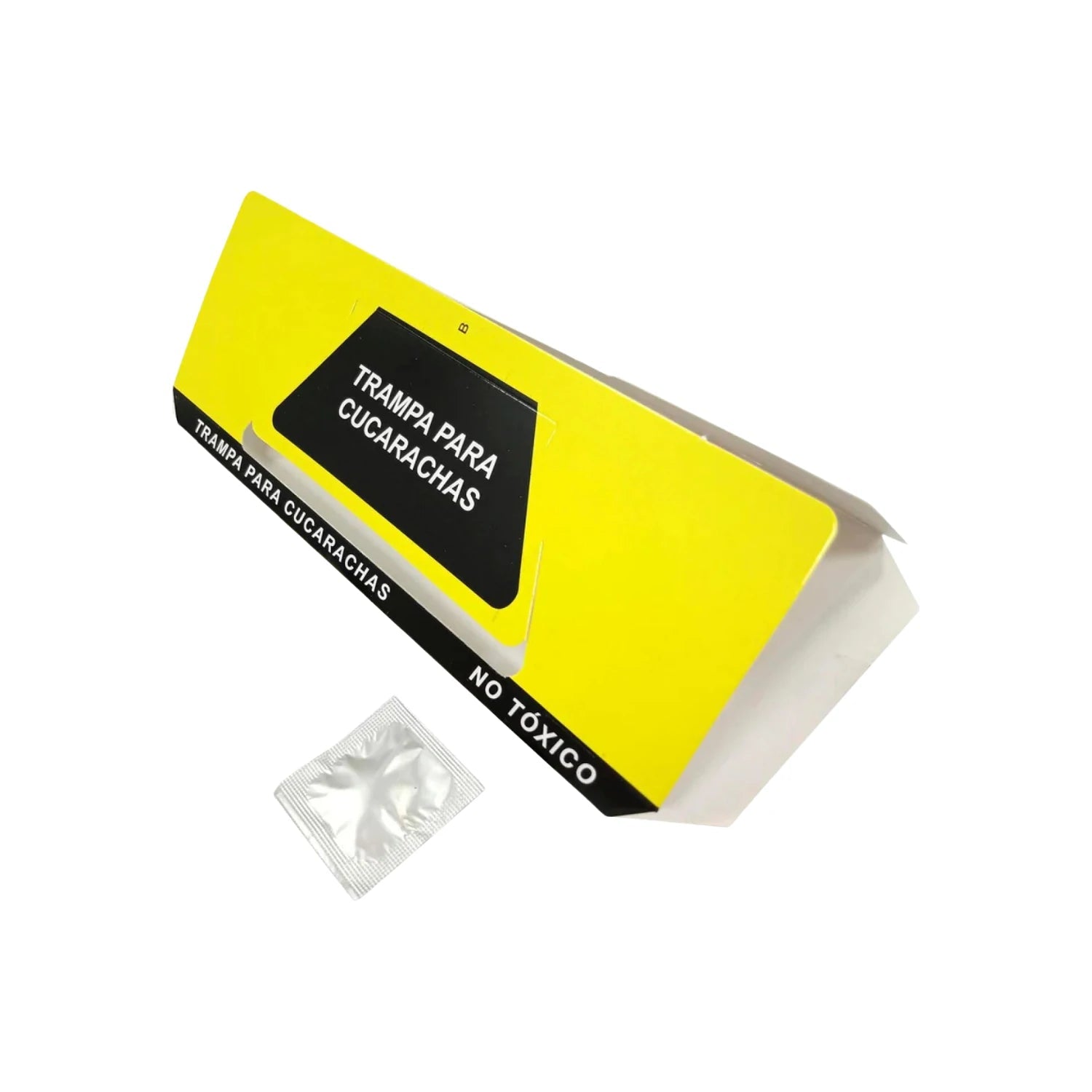 Trampa para cucarachas no tóxica, caja amarilla con cebo individual para control de plagas domésticas seguras.