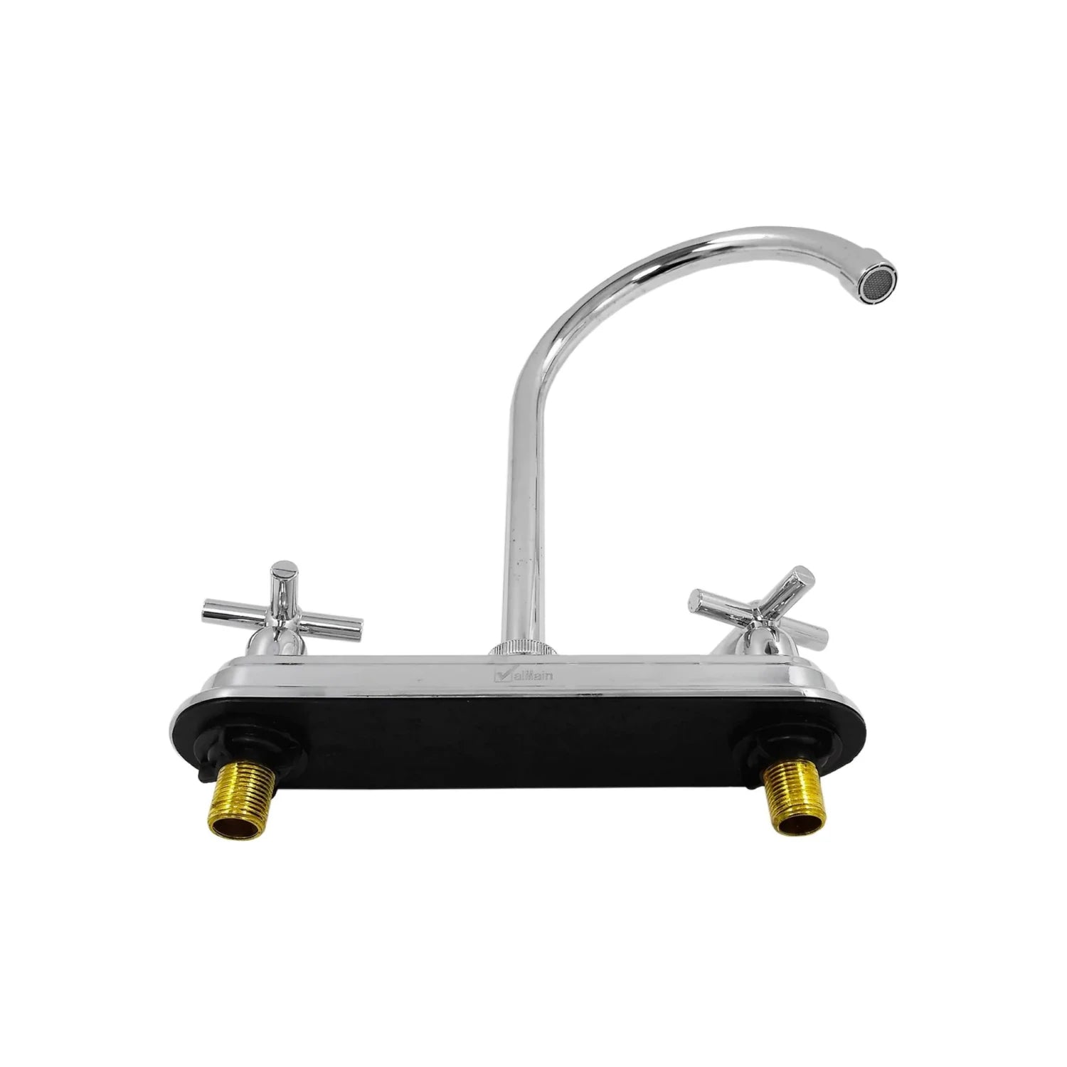 Mezcladora de fregadero Valmain cromada con caño alto curvo, 2 manijas cruzadas y base negra para cocina.