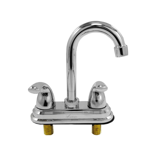 Mezcladora Valmain para lavabo doble maneral cromada, tipo 4 pulgadas cuello ganso