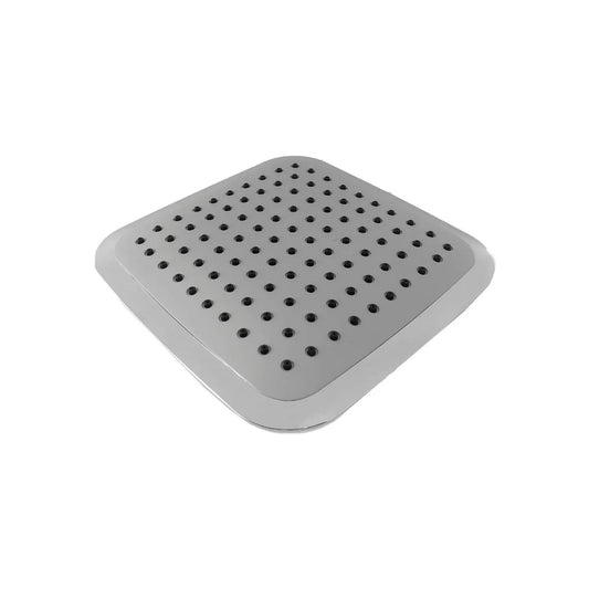 Regadera de ducha cuadrada con acabado cromado y boquillas para salida de agua, ideal para baño.