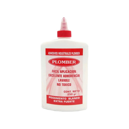 Pegamento blanco Plomber 250g extra fuerte, lavable, no tóxico, ideal para ferretería y hogar.
