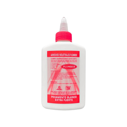 Pegamento blanco Plomber extra fuerte en botella blanca con tapa roja, ideal para madera, papel y manualidades.