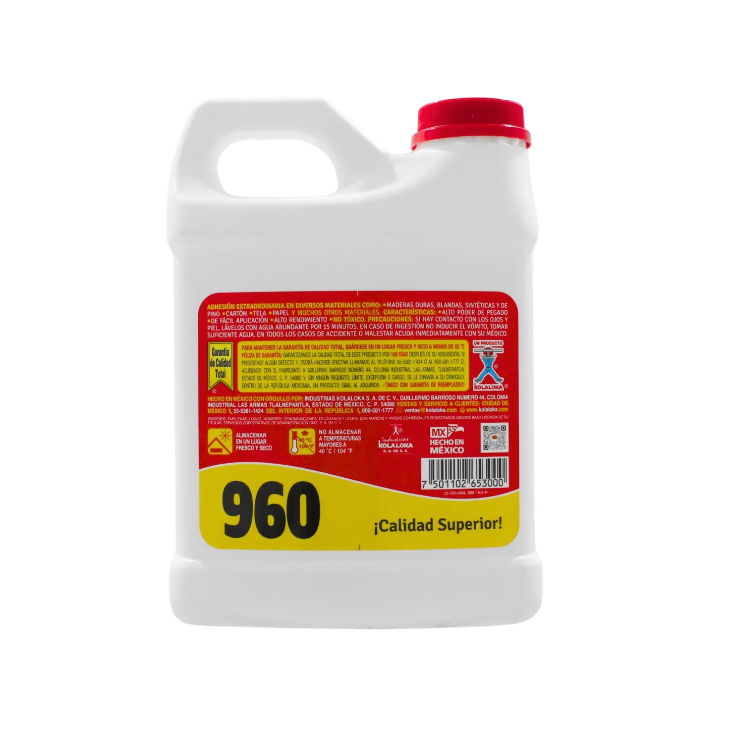 Adhesivo industrial Kola Loka 960 garrafa blanca de 1kg para carpintería madera y cartón alta resistencia.