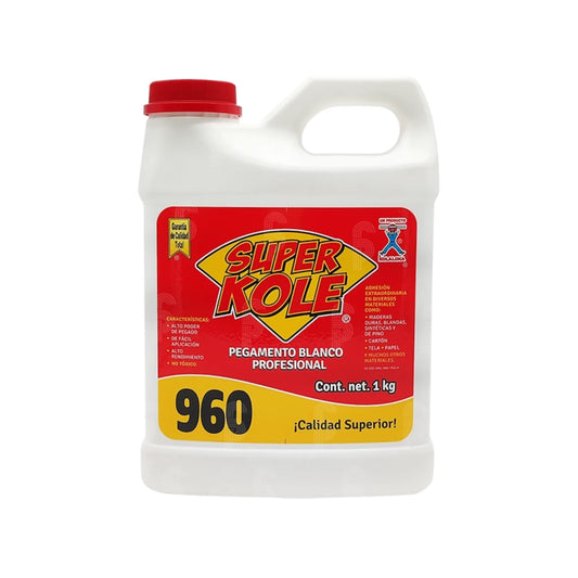 Pegamento blanco profesional Super Kole 960, adhesivo 1 kg, alta fijación para madera, tela, papel y cartón.