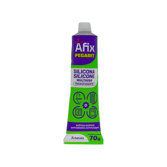 Silicona sellador transparente multiuso Afix PEGADIT antihongos acética 70g, ideal para baños, ventanas y puertas.