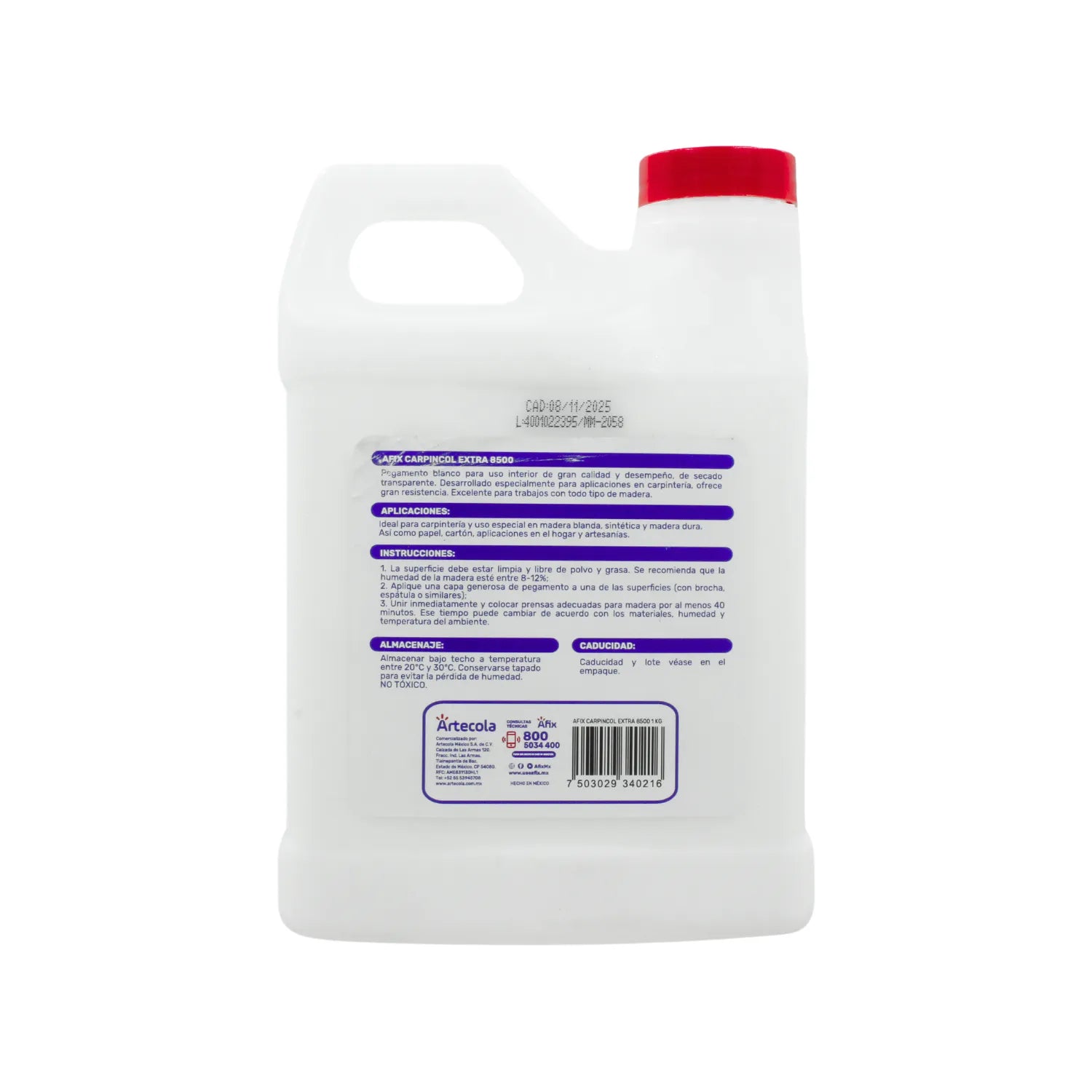 Pegamento blanco Afix Carpincol para carpintería, madera, papel y cartón, secado transparente.