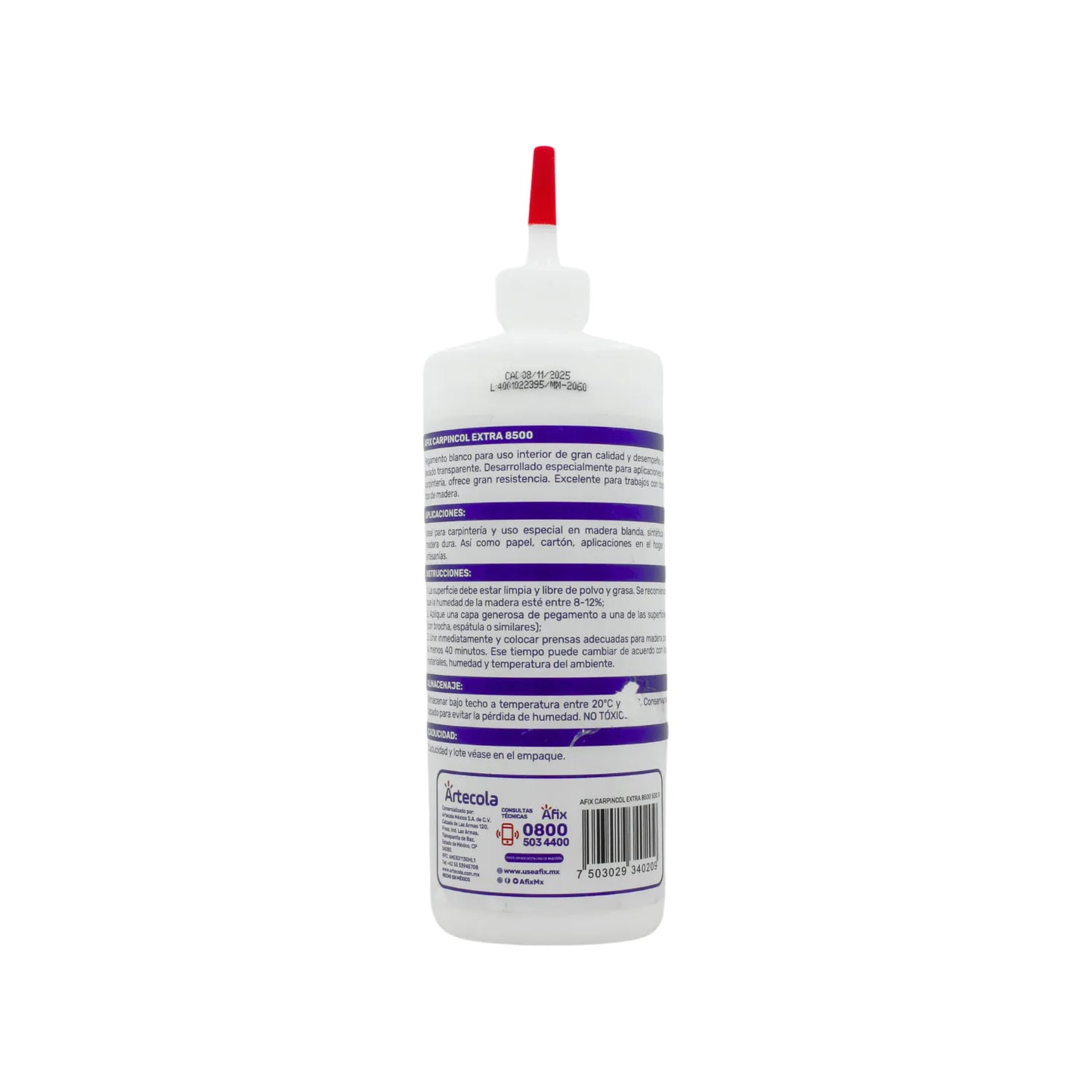 Pegamento blanco Afix Carpincol Extra 8500 para madera, alta resistencia, boquilla roja, ideal para carpintería.