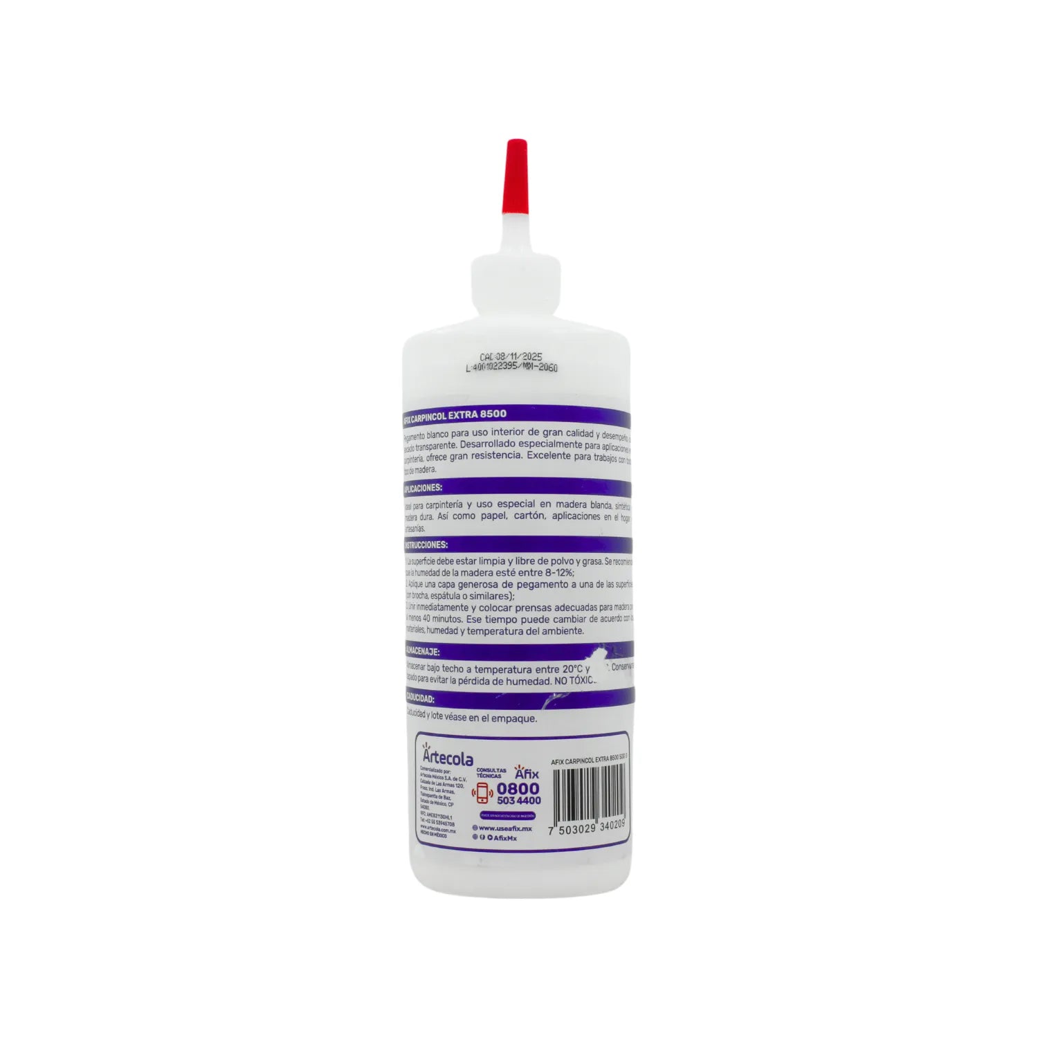 Pegamento blanco Afix Carpincol Extra 8500 para madera, alta resistencia, boquilla roja, ideal para carpintería.