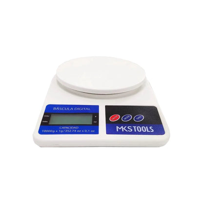 Báscula digital blanca MKS TOOLS, capacidad 10kg / 352oz, ideal para cocina y tareas de precisión.