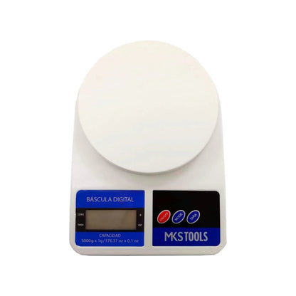 Báscula de cocina digital blanca MKS TOOLS 5 kg para medir ingredientes con precisión