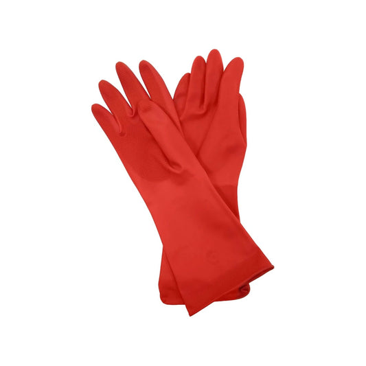 Guantes de hule rojos con palma texturizada para agarre antideslizante, ideales para limpieza del hogar y tareas domésticas.