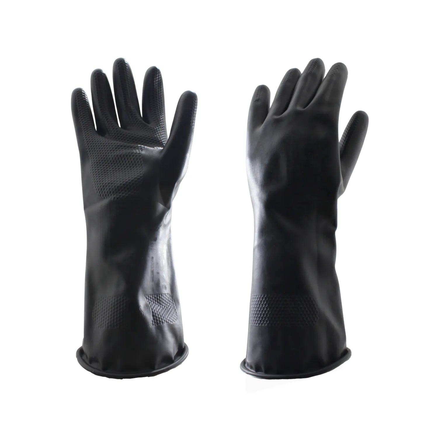 Guantes de goma negros industriales con palma texturizada y puño largo para limpieza y protección química.