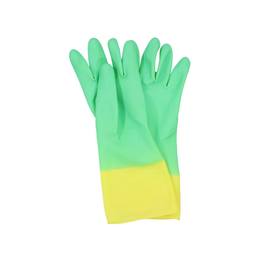 Guantes de goma bicolores verde y amarillo para limpieza del hogar, jardinería y protección de manos.