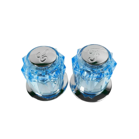 Perillas azules de acrílico para llave de regadera, indicadores C y F, acabado cromado para baño.