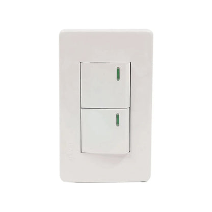 Placa blanca con 2 apagadores eléctricos, interruptor de luz doble de pared con luz indicadora verde.