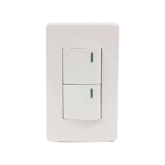 Placa blanca con 2 apagadores eléctricos, interruptor de luz doble de pared con luz indicadora verde.