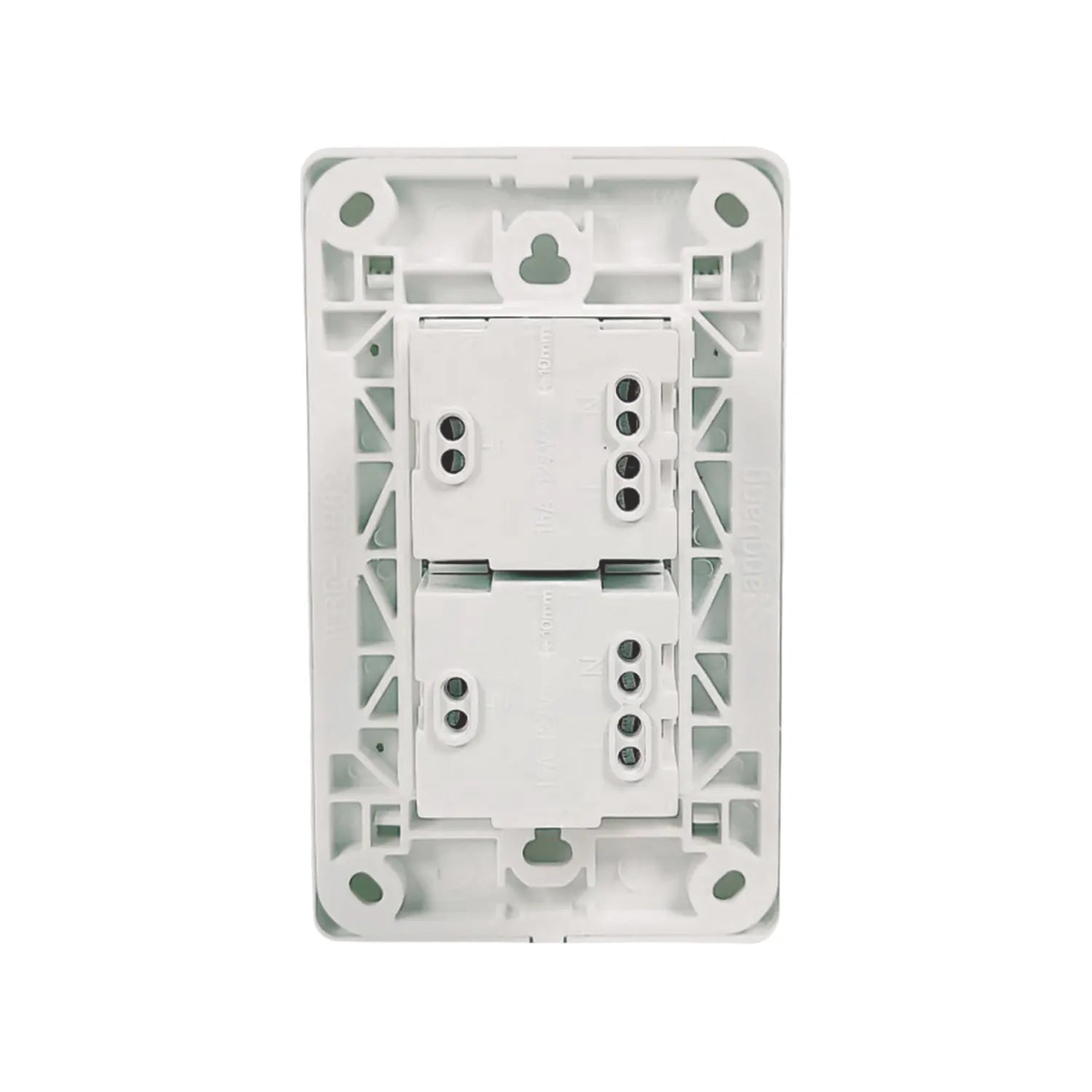 Placa de pared eléctrica doble blanca, parte trasera con bornes de conexión para 16A 220V.