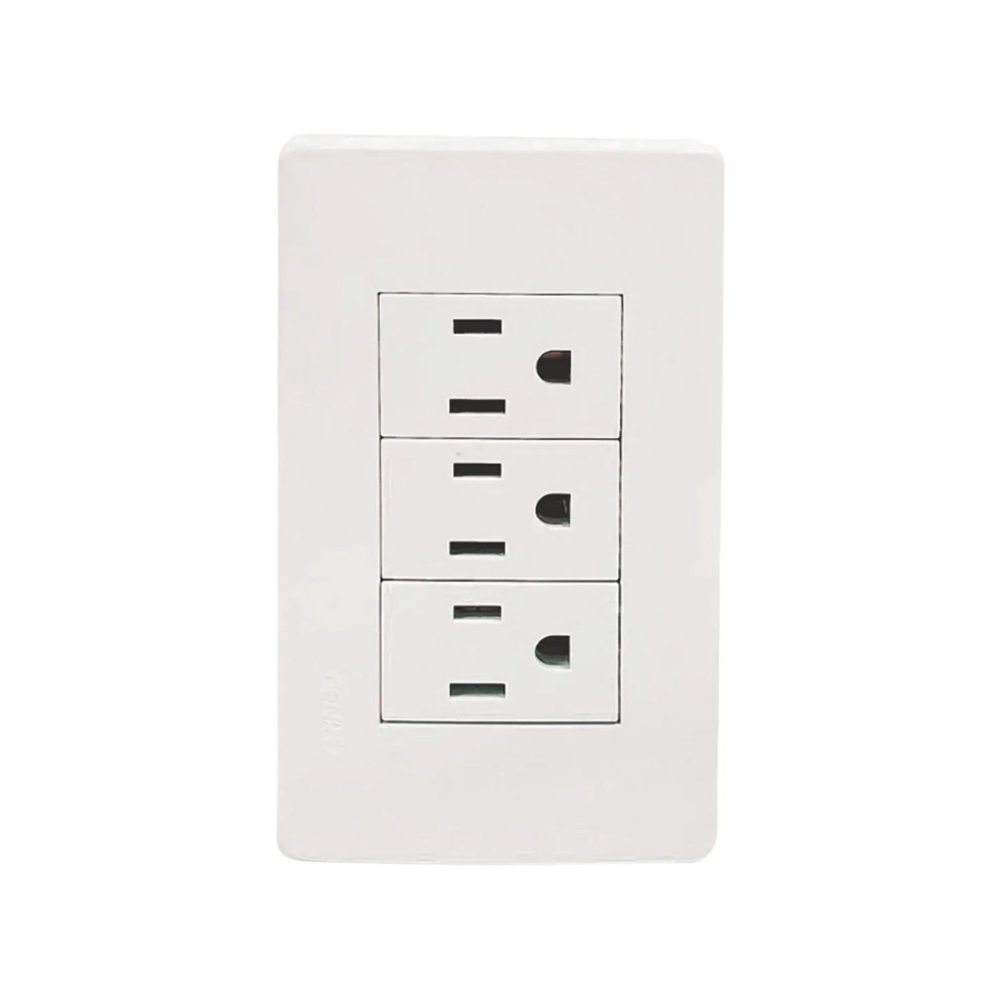 Placa Genlit blanca con 3 tomacorrientes eléctricos polarizados, ideal para instalaciones residenciales.