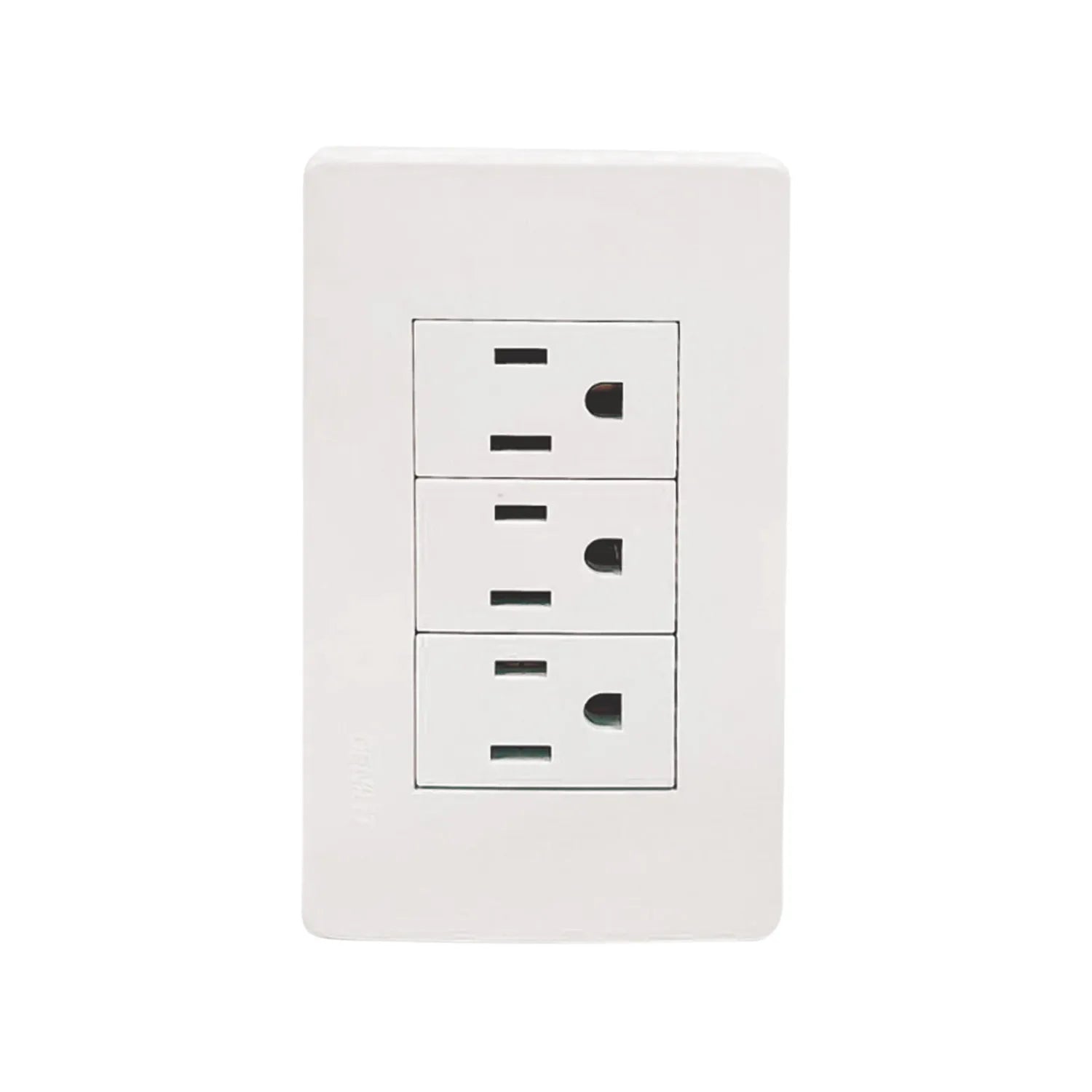 Placa Genlit blanca con 3 tomacorrientes eléctricos polarizados, ideal para instalaciones residenciales.