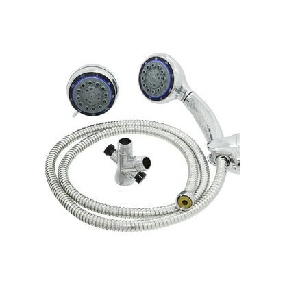 Kit de regadera doble cromada de 5 funciones con manguera metálica flexible y válvula desviadora para baño.