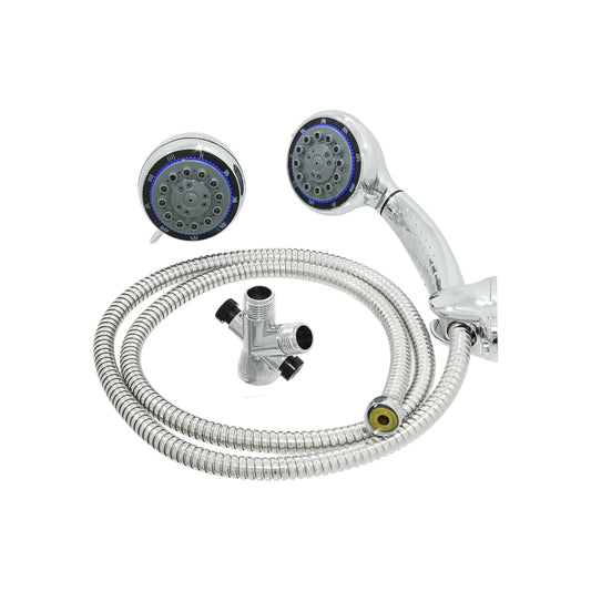 Kit de regadera doble cromada de 5 funciones con manguera metálica flexible y válvula desviadora para baño.