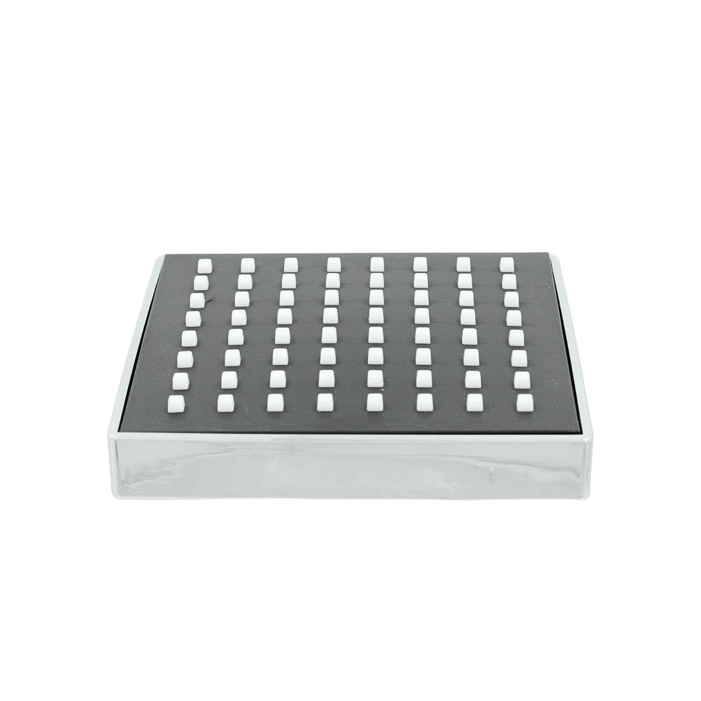 Regadera cuadrada 4" ABS negra con panel de boquillas blancas y acabado cromado
